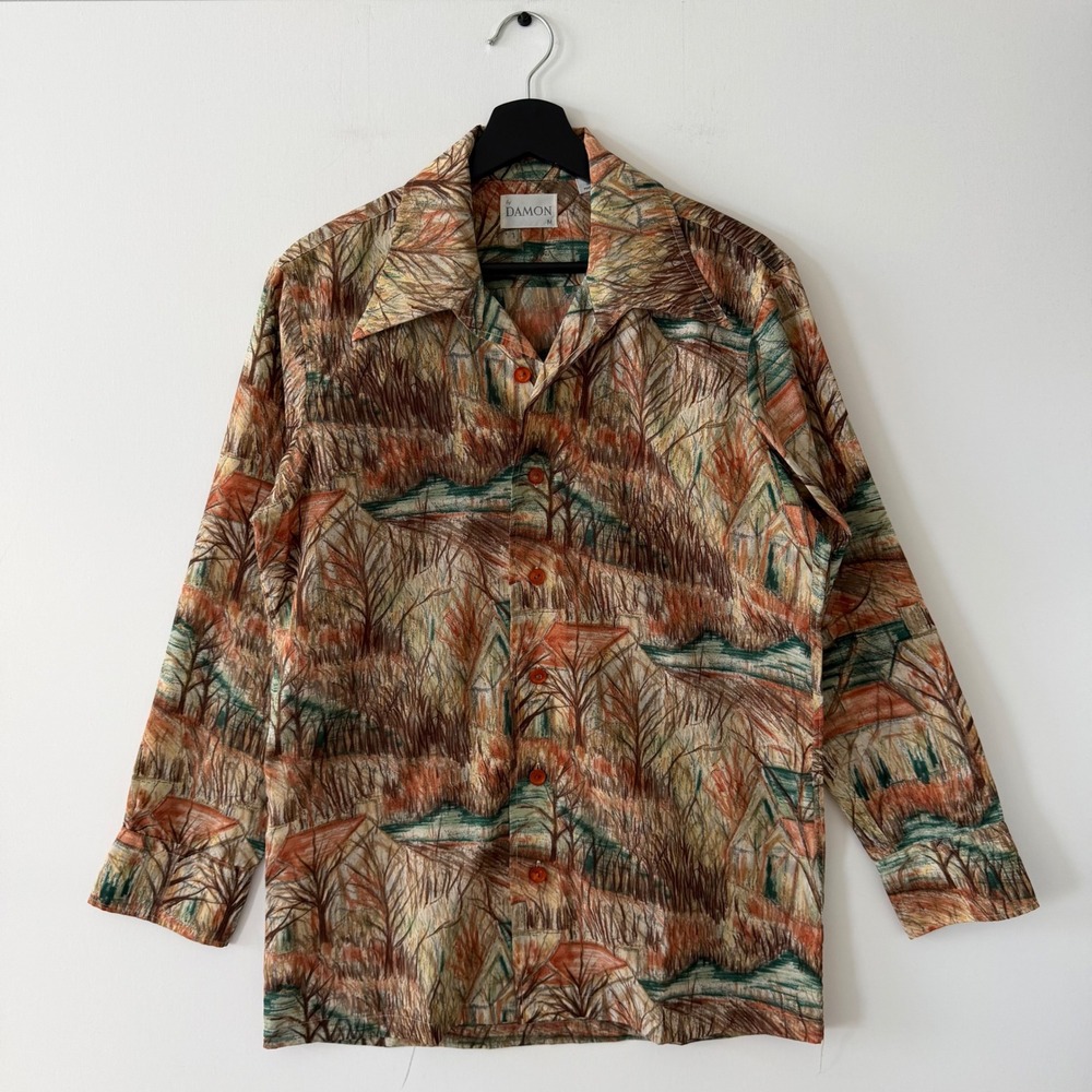 Vintage Damon Mens Long Sleeve Landscape Print Button Down Shirt Brown Orange M